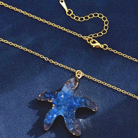 “Blue Druzy Starfish” Gold Dipped Geode Ocean Sea Marine Tropical Steel Necklace - Picture 2 of 16